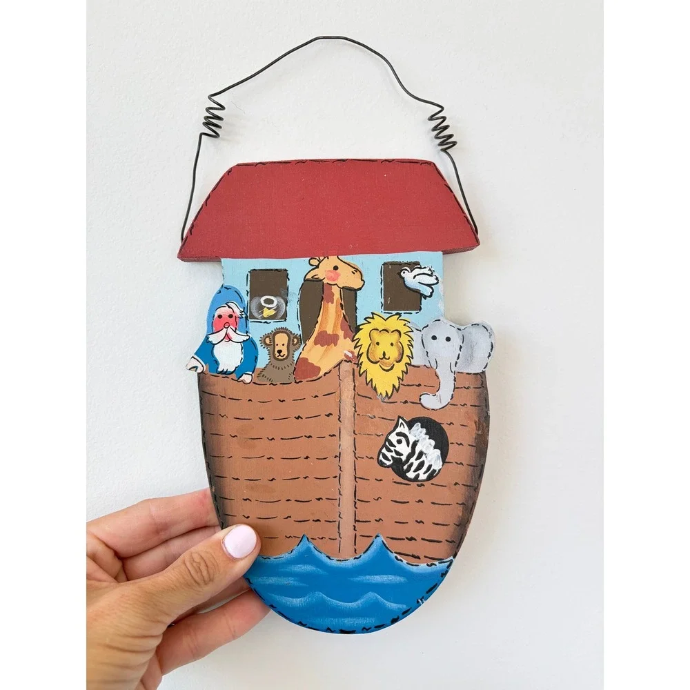 Hand Painted Wooden Noahs Ark Wall Hanging Folk Art Nursery Decor Animal Sign